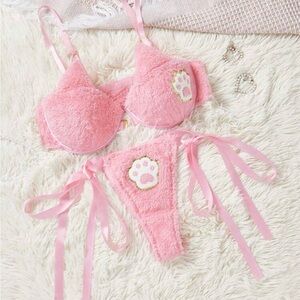 Pink Fuzzy Lingerie Set with Paw Print